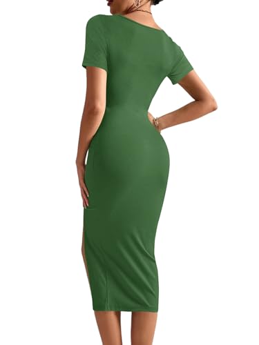 Image of Rooscier Women's Twist Cutout Waist Split Crewneck Short Sleeve Bodycon Midi Dress