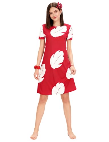 Lilo Costume Women Hawaiian Leaf Dress Adult Costume Red Short Sleeve Summer Party Casual Halloween Suit