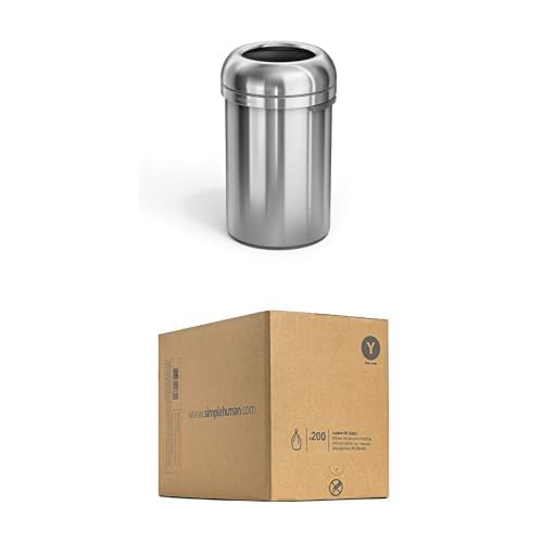 simplehuman 30 Gallon All Steel Bullet Commercial Trash Can Code Y Custom Fit Drawstring Trash Bags (200 Count) Bundle