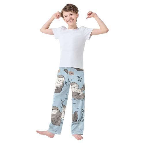 Lovely Otter Floral Boys Long Pants Soft Trousers Elastic Waist Kids Lounge Bottoms with Pockets S-XL3