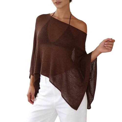 Women Sheer Poncho Shrug Bolero Lightweight Knit Top Summer Cover Up Pullover Shrugs Shawl Sweater(W Brown S)