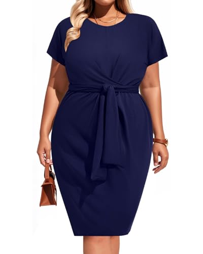 Image of Pinup Fashion Plus Size Dresses for Women Wedding Guest Short Sleeve Tie Front Waist Belted Pencil Work Knee Dress