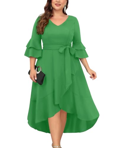 Image of Plus Size Wedding Guest Dress - Double Bell Sleeve High Low Split Dresses | Semi formal cocktail dress, V-neck double bell sleeves with belted high-low split ruffle hem.