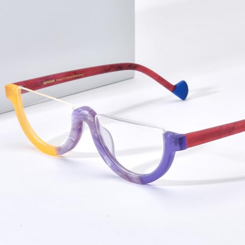 Image of HEPIDEM Matte Multicolor Acetate Glasses Frame Women,Semi Rimless Round Optical Eyeglasses