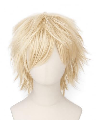 Image of Rose bud Anime Halloween Platinum Blonde Wig for Cosplay Party Synthetic Layered Short Hair Wigs with Bangs Pastel Funny Wigs for Women Men