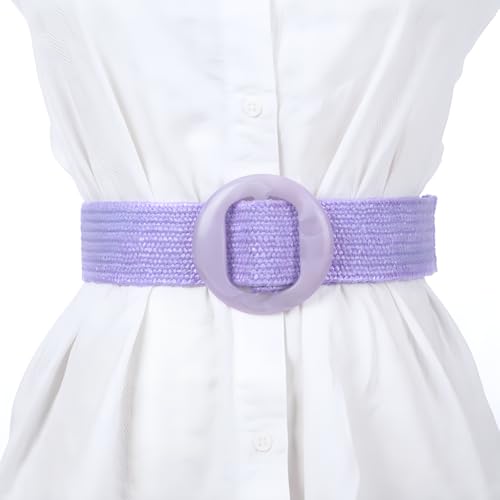 Women PP Straw Braided Elastic Belt Solid Color with Round Buckle2