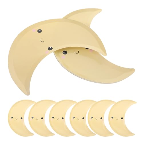 TOYANDONA Juego de 8 Platos Desechables de Papel Temática Lunar, Forma de Media Luna, Color Amarillo Diseño de Ojo de Frijol, para Fiesta de Cumpleaños y Decoración Espacial