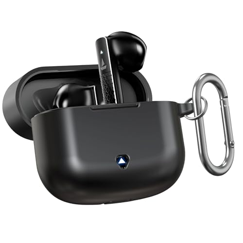 Image of Sounce Silicone Case Cover for Boat Airdopes 91 Prime, Soft Protective Shockproof Shell with Anti-Loss Keychain Clip, Dustproof and Scratch-Resistant Design, Secure Fit with Protection - Black