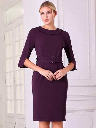 Women's Vintage Sheath Dress Half Sleeve Collared Work Pencil Dress2
