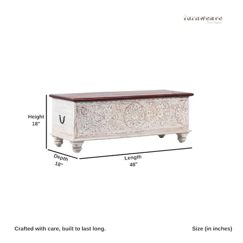 Image of Wifo Solid Wood Coffee Table for Living Room Wooden Trunk Box for Storage | Handcrafted Center Table for Living Room with Sandook Storage | Pitara for Bedroom (White Distress and Brown Top)