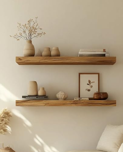Image of Solid Wood Floating Wall Shelves | Rustic Wooden Display Shelves for Living Room, Bedroom, Kitchen & Bathroom | Heavy Duty Wall Mounted Shelves (20 Inches, 2 Shelves)