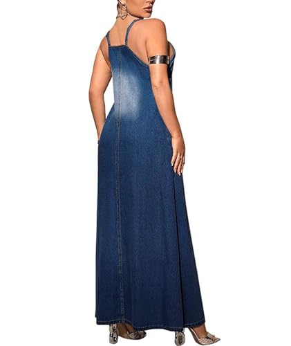 Image of Sexyshine Women's Sleeveless Adjustable Strap Maxi Denim Dress V Neck Washed Blue Plus Size Cami Long Jean Dress Pockets