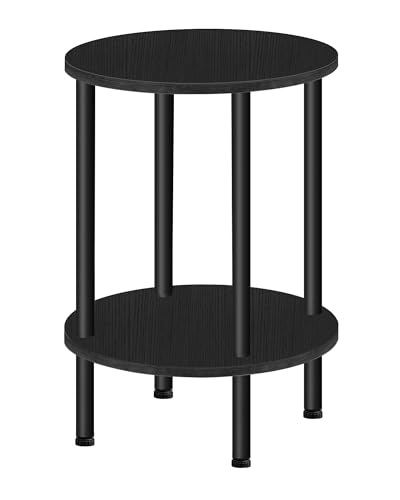 CHOEZON Mesa Auxiliar Redonda, Mesita de Sofá con Dos Estantes, Mesilla de Noche Pequeña, Mesita de Centro de Estilo Industrial para Salón, Dormitorio, Negro DTBZ01BB