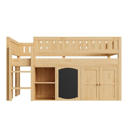 Image of Full Size Loft Bed with Storage Cabinet and Chalkboard Panel, Solid Wood Frame - Space-Saving Design for Kids /Teens Bedroom (Natural-A1)