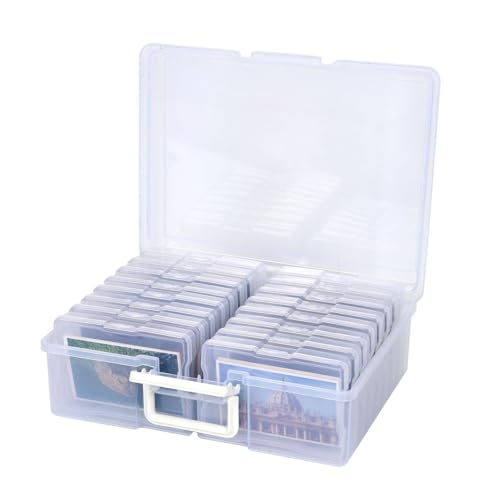 caixa organizadora de fotos, conjunto contendo 16 caixas para fotos 10x15 cm, em maleta maior com alça.
