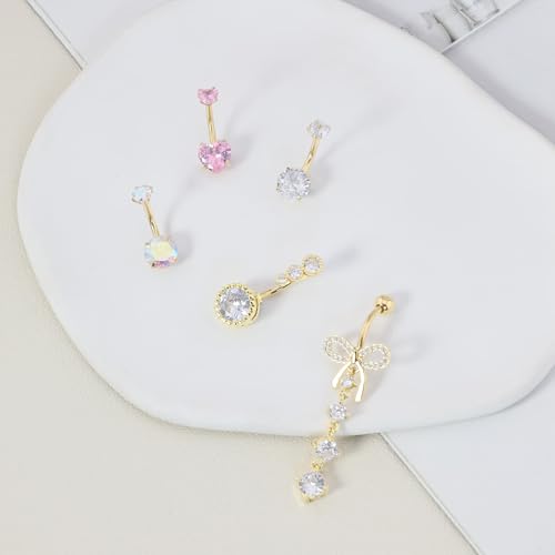 DAILI 14k Gold Plated Belly Button Ring,14G Surgical Stainless Steel Non Tarnish Belly Rings, Hypoallergenic Lightweight Pink CZ Heart Bow Dangle Belly Button Piercings for Women Navel Piercings Pack — view 4