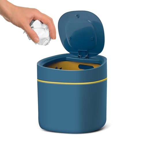Image of Soddeph Plastic Mini Trash Can with Lid,Small Desktop Waste Bin for Bathroom, Office, or Kitchen,Pop-Up Countertop Wastebasket for Counter, Vanity, or Coffee Table (Blue)