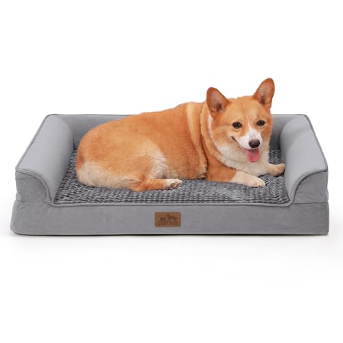 Orthopedic Dog Bed for Large Dog, Pet Couch for Medium Dog Cat, Big Supportive Foam Bolster Sofa with Waterproof Lining Cover, Anti-Slip, Comfort, Washable, U Shape, 91x69x19cm, Grey