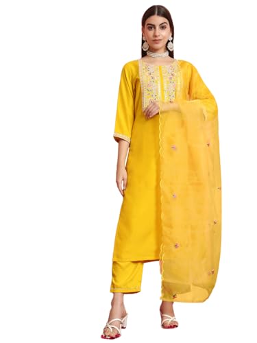 Image of VredeVogel Women's Silk Blend Embroidered Kurta with Pant & Dupatta Set