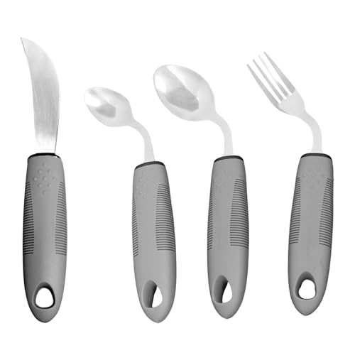 Dulynva 4 Teiliges Parkinson Besteck Griffverdickung Seniorenbesteck 42° Winkel Adaptives Besteck Esshilfen mit Rutschfest Griff für Behinderte...