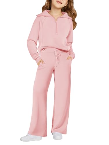 Image of Haloumoning Girls 2 Piece Outfits Sweatsuit Half Zip Long Sleeve Sweatshirts Sweatpants Tracksuit Sets 5-14 years