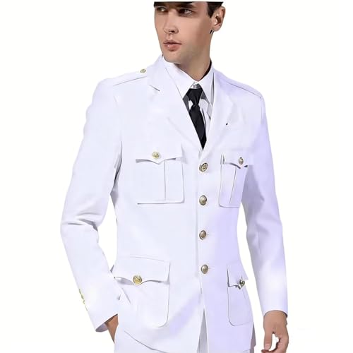 ZHOUYOPINPAI Sailor Performance Dress Uniform Mens 2-Piece Captain Suit with Jacket and Pants Stage Themed Events L White