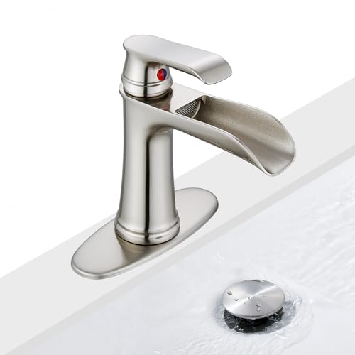 Top 10 Best Centerset Bathroom Faucets for Every Style 4 Brushed Nickel Bathroom Sink Faucet, Sanliv Single Handle Centerset Bathroom Faucet with Pop-Up Drain & Deck Plate for 1 or 3-Hole (4 inch), Brushed Nickel Waterfall Vanity Faucet