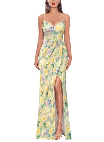 Image of VFSHOW Womens Sexy Spaghetti Strap Formal Prom Evening Gala Long Maxi Dress | Ruched Hight Slit, Sweetheart, Cocktail Wedding Guest Fitted Bodycon Gown