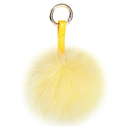 Pom Pom Keychain Fluffy Real Fox Fur Ball Keychain for Women Bag Purse car key Charms Yellow 5.1inch