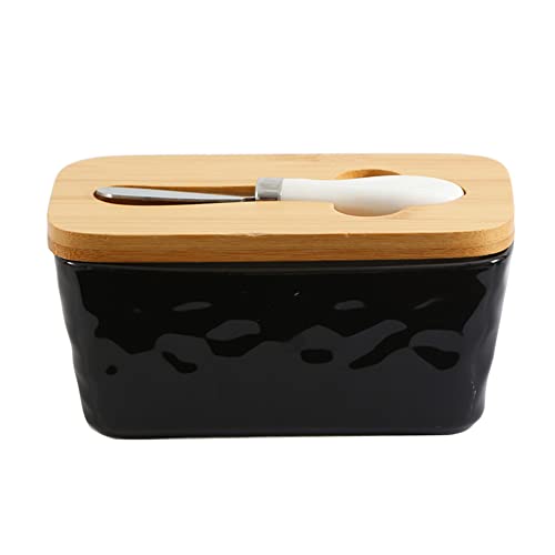 Rummyluck Beurrier en Céramique avec Coupe Beurre, Récipient à Beurre en Porcelaine à Texture Martelée avec Couvercle en Bois de Bambou, 600ML 20.49oz Noir Cover