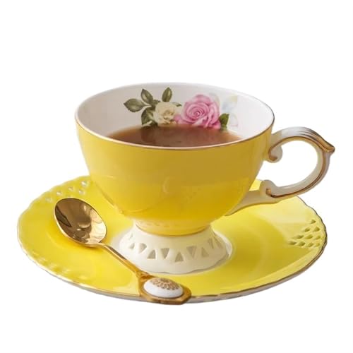 Tasse à thé en céramique exquise avec assiette en porcelaine creuse jaune
