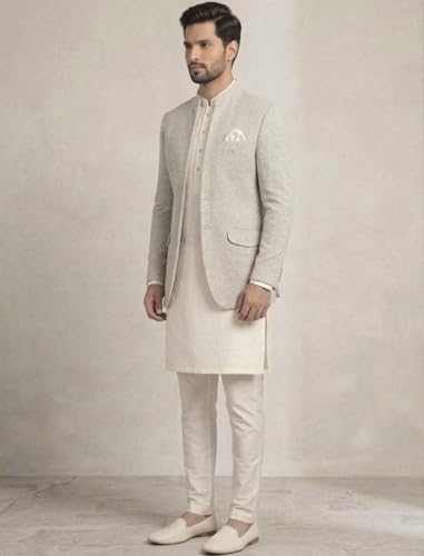 Image of Amzira Men's Jacquard Koti Kurta Set | Mandarin Collar | Full Sleeves Ethnic Wear | Festive & Wedding Traditional Outfit for Men