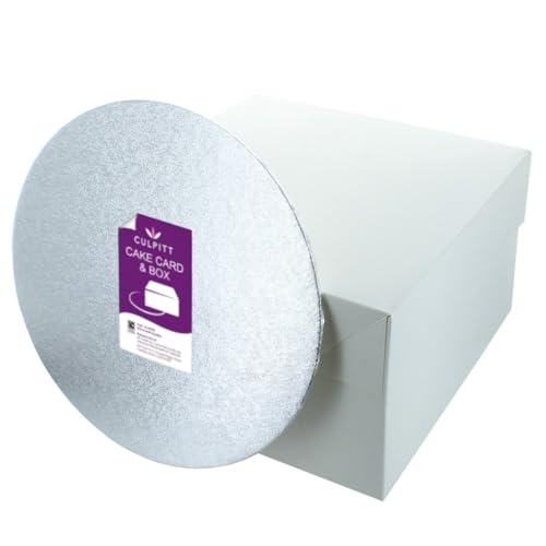 Culpitt 12 (30cm) Round Silver Cake Card & White Box Combo 3mm Turned Edge Board and For Sponge Cakes Muffins Cupcakes