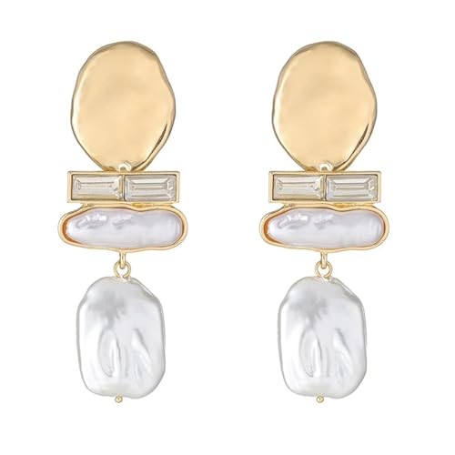Donabus Statement Pearl Dangle Earrings,Gold and Large Pearl,Luxury Chandelier Organic Style Earrings (C)