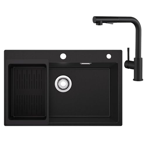 Sofetiy Évier de cuisine en granit, noir, 70x45 cm avec ensemble de robinet et douchette extractible, évier de cuisine rectangulaire pour meuble de 70 cm,...