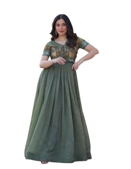 Silver Crunchy Embroidered Koti Gown Set, Fancy Round Neck, Sleeveless Gown with Short Sleeve Koti, M L XL XXL, Green and Pink (in, Alpha, L, Regular, Green)