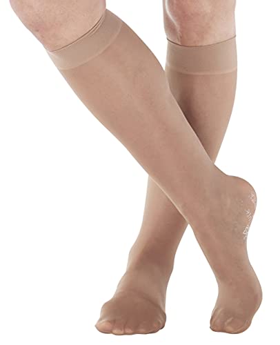Knee High Compression Stockings Women 8-15mmHg for Flight Airplane Travel - Sheer Compression Support Stockings 8-15 mmHg for Women Circulation - Made in USA by Absolute Support - Beige, Large