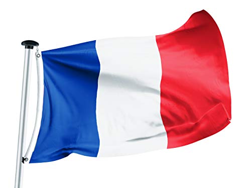 FLAGLY Drapeau francais 100 x 150 cm avec œillets – grand drapeau francais extérieur 160 g/m² – drapeau france robuste et résistant aux intempéries