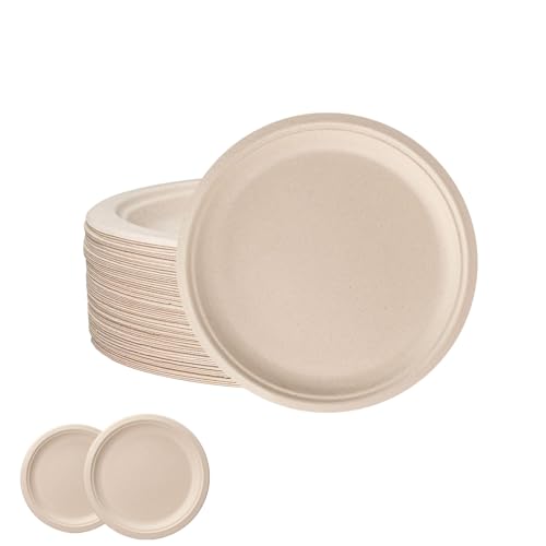 50 Piezas Platos Desechables Papel de Caña de 15.5 cm de diámetro,Marrón Papel para Son de postre,la tarta,Redondo,Orgánico,Biodegradables,Fuertes,Compostables para Fiestas,Picnics, Hogar,Bodas