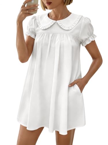 Xuiqx Womens Cute Babydoll Mini Dress Peter Pan Collar Ruffle Short Sleeve Pleated A Line Dresses 2026 Summer (White Small)
