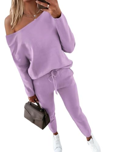 CHICME Women Tracksuit 2025 Fall 2 piece Outfits Off The Shoulder Long Sleeve Tops and Pants Set Travel Outfits