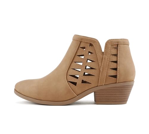 Soda CHANCE Womens Perforated Cut Out Stacked Block Heel Ankle Booties (Tan Nbpu, WIDE, numeric_7)
