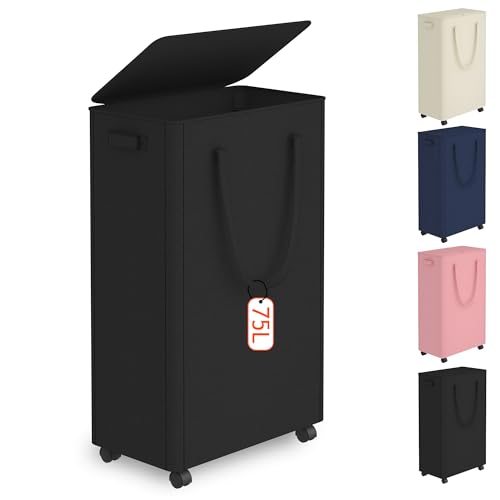 Image of Slim Laundry Hamper with Wheels,20 Gal (75L) Rolling Laundry Basket with lid and wheels Clothes Hamper Foldable Tall Dirty Clothes Basket Sturdy Collapsible Clothes Hamper for Dorm,Laundry Room