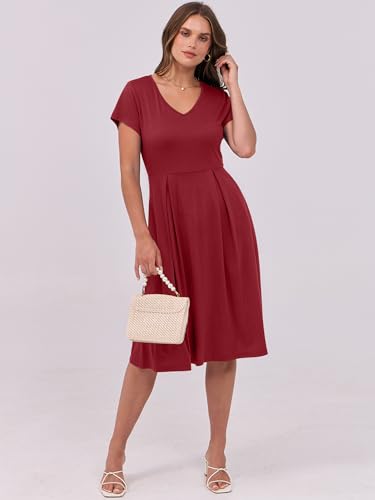 Image of ANRABESS Women Summer Dress Casual Short Sleeve V Neck A-Line Knee Length Pleated Flowy 2026 Fashion Midi Dresses with Pocket