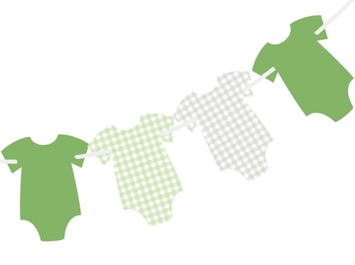 Image of ALISSAR Pre-Strung Green Gingham Bodysuit Baby Shower Banner-9 Double-Sided Onesie Cards-Sage Green Baby Shower Bunting, Baby Boy Girl Party Decoration