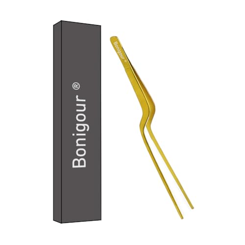Bonigour Pinzas de precisión de 8 pulgadas, pinzas de acero inoxidable culinarias de cocina, pinzas curvadas de precisión multifunción para chef, para chapado, decoración de alimentos, etc. (dorado)