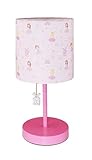 Bedside Desk Table Lamp，Printed Fabric Shade with Fun Park Theme,Pink Painted Steel Lamp Body, Simple Nightstand Lamp with Pull Switch for Bedroom,Study,Girl Room