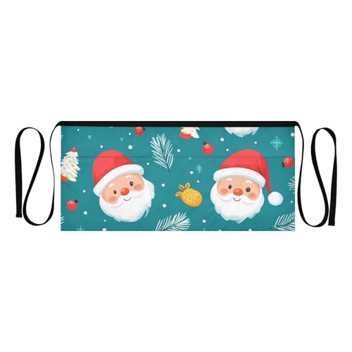 QwThum Waitress Apron with Pockets Server Waist Apron Half Short Personalized Waterproof for Serving Hair Stylist Cooking Gardening Blue Christmas Trees and Santa Claus
