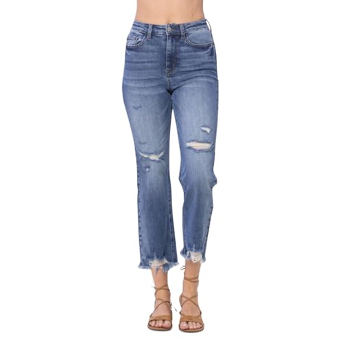 Judy Blue High Waisted Destroyed Cropped Straight Jeans for Women's Distressed Destroyed Straight Leg Denim with Frayed Hem
