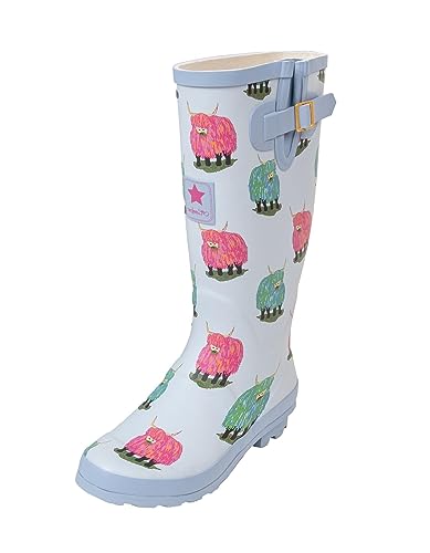 Hawkins Womens Wellies Wellington Boots Waterproof Rain Adjustable Wide Calf Colourful Print Grip Sole (Highland Cow, uk_footwear_size_system, adult, women, numeric, medium, numeric_5)